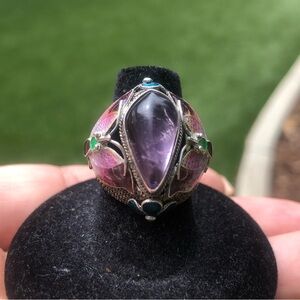Vintage Amethyst Enamel Silver Ring Butterfly design on sides